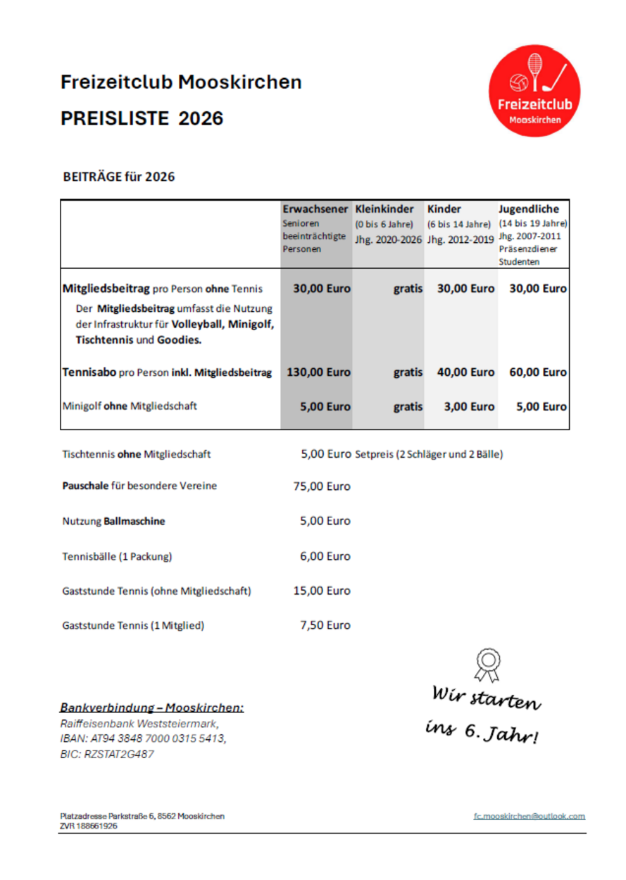 Preisliste 2026